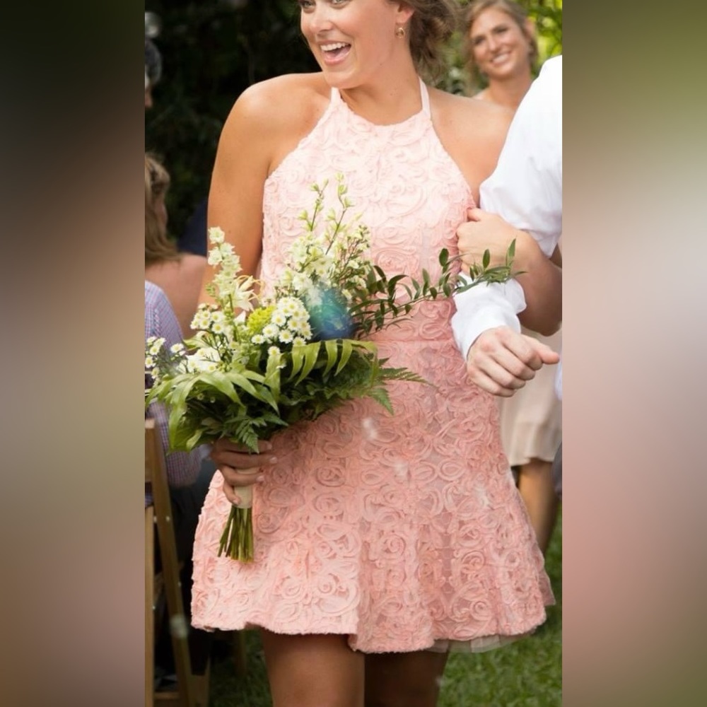 BCBG MaxAzria short, pink dress with lace on bottom. Size 12